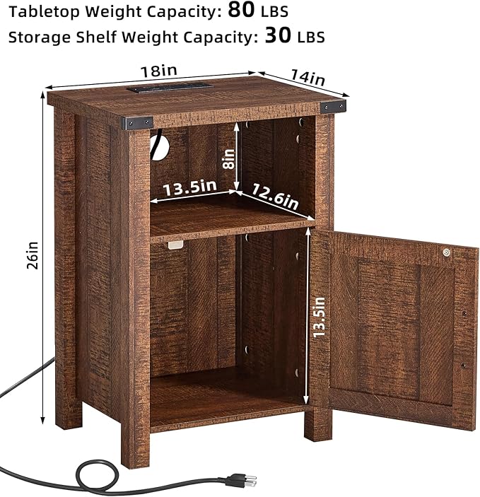 Night Stand with Charging Station and USB Port, 18 Inch Farmhouse Nightstand with Storage Shelf, Rustic Wood Bedside Table with Magnetic Door, Bed Side Tables for Bedroom, Reclaimed Barnwood