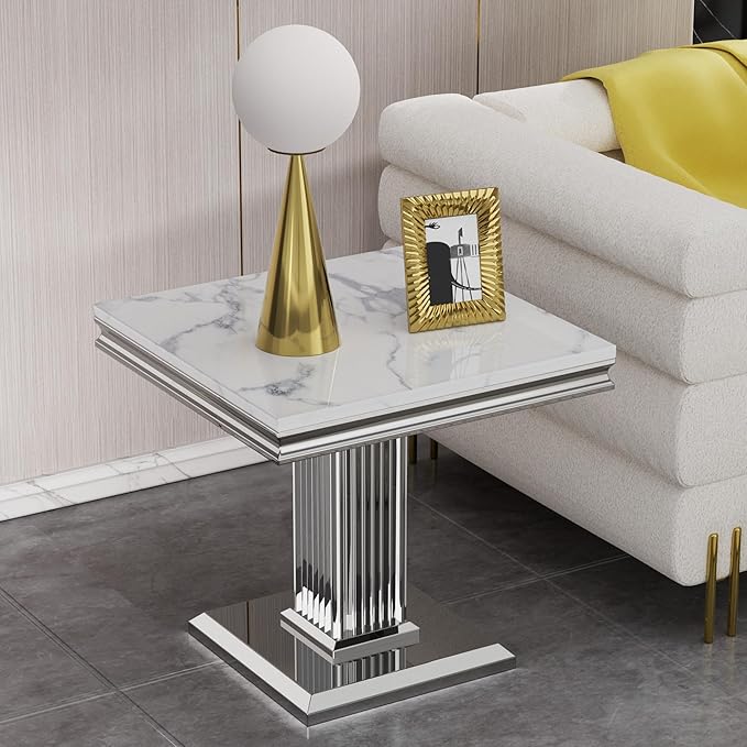 SSLine Modern White Faux Marble End Table Luxury Square Sofa Side Table with Silver Pedestal Base Mid-Century Elegant Bedside Table w/Mirrored Stainless Steel Frame for Living Room Bedroom