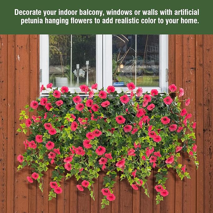 Artificial petunia plant Faux greenery Outdoor decoration hanging basket trumpet flower Garden Indoor balcony Decoration, Red