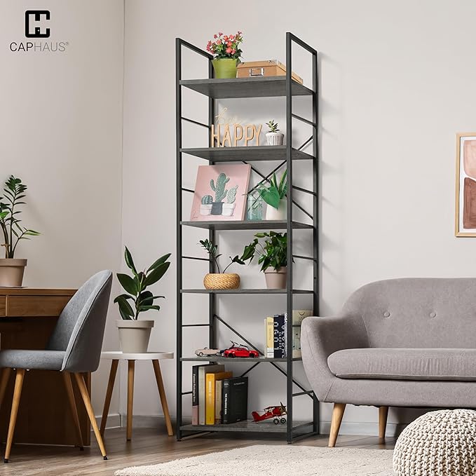 CAPHAUS 6 Tier Bookshelf, 24 Inch Width Free Standing Shelf, Bookcase Shelf Storage Organizer, Industrial Book Shelves for Home Office, Living Room, Kitchen, Dark Grey Vintage Shelves & Metal Frame