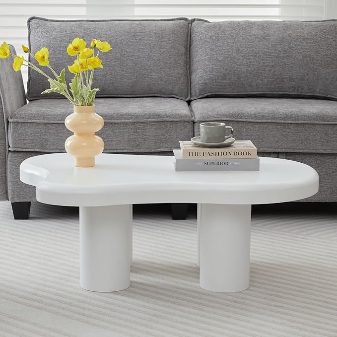 Cloud Coffee Table, Cute Irregular Coffee Table with Wide Tabletop, Accent Center Table, Cloud Shape Modern Coffee Tables for Living Room, Home Office (White)