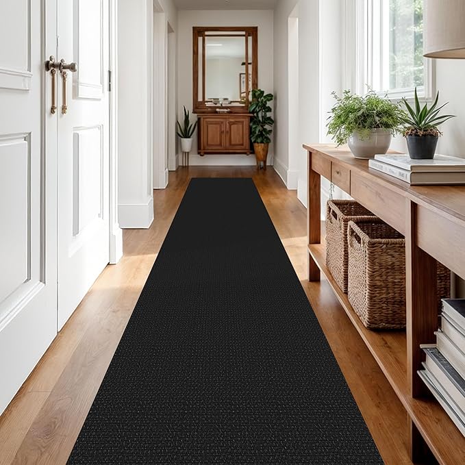 IOHOUZE Washable Runner Rug 2x12 Non Slip Rubber Backed Extra Long Hallway Runner Entryway Runner Indoor, Kitchen Rugs Woven Cotton Floor Carpet for Hall Stair, Black/Grey