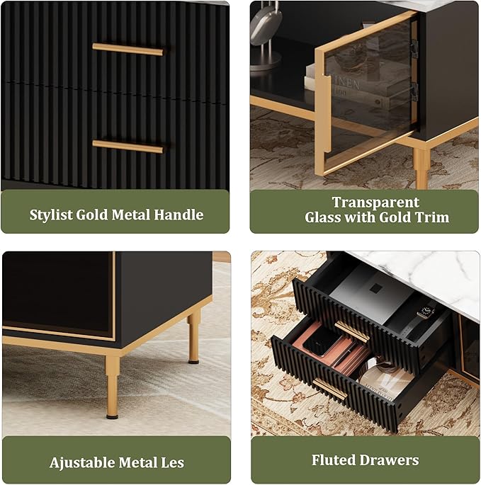 Coffee Table, Black Center Table for Living Room, Modern Large Coffee Tables with Storage 4 Drawers & 2 Glass Door Storage, Faux Marble Top, Gold Metal Leg, Hidden Compartment for Reception Room