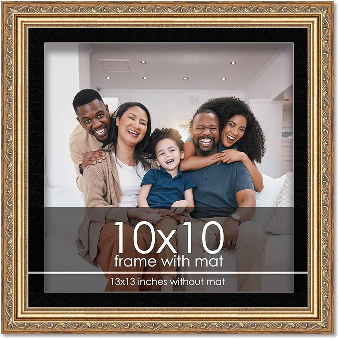 10x10 Frame with Mat - Antique Gold 13x13 Frame Wood Made to Display Print or Poster Measuring 10 x 10 Inches with Black Photo Mat