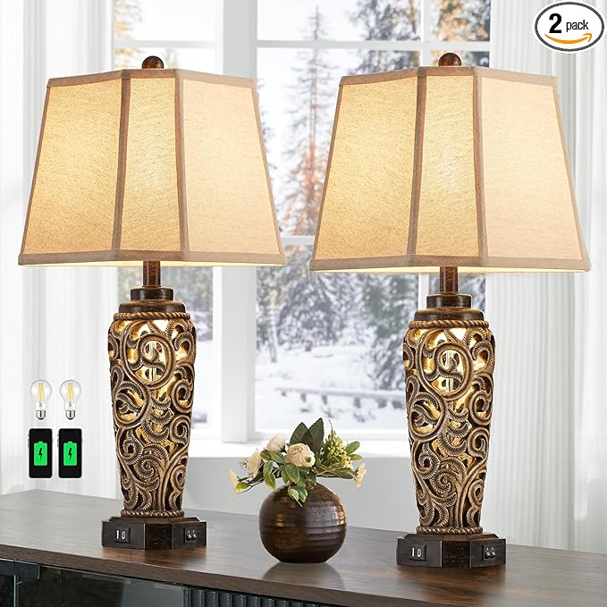 27" Set of 2 Farmhouse Table Lamps for Living Room with USB A+C Ports, Vintage Nightstand Bedroom Lamp and Nightlight, Hollow Out Resin Desk Lamps, 2 Bulbs Include