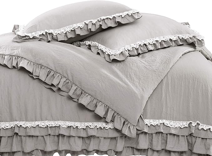 Lush Decor Ella Ruffle Lace Comforter, 3 Piece Set, King, Light Gray - Cute Comforter - King Bedding Set - Gray Bedding - Coquette Decor - Ruffle Trim - Lace Trim