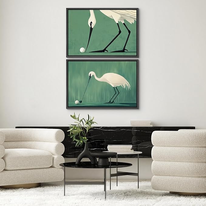 SIGNWIN Framed Canvas Print Wall Art Set Funny Crane Playing Golf Whimsical Bird Illustrations Modern Art Rustic Minimal for Living Room, Bedroom, Office - 24"x36"x2 Black