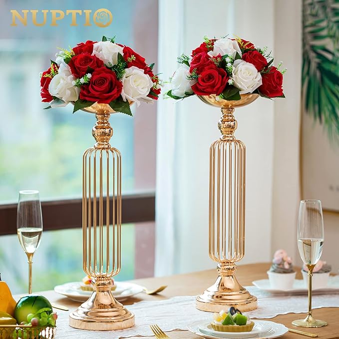 NUPTIO Pcs of 2 Fake Flower Ball Arrangement Bouquet,15 Heads Plastic Roses with Base, Suitable for Our Store's Wedding Centerpiece Flower Rack for Parties Valentine's Day Home Décor (Red & White)