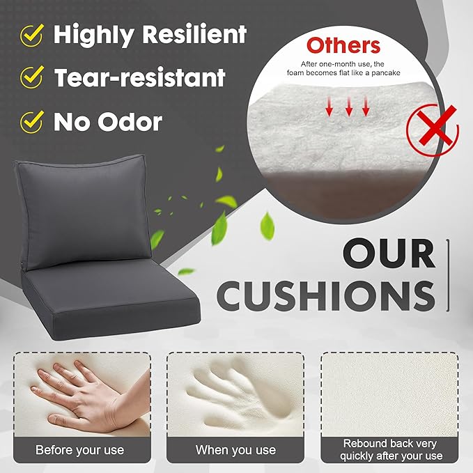 Outdoor Deep Seating Cushion Set, 24" x 24", Waterproof & Fade Resistant Patio Furniture Cushions with Handle, Deep Seat and Back Cushion for Chair and Sofa (3, Grey)