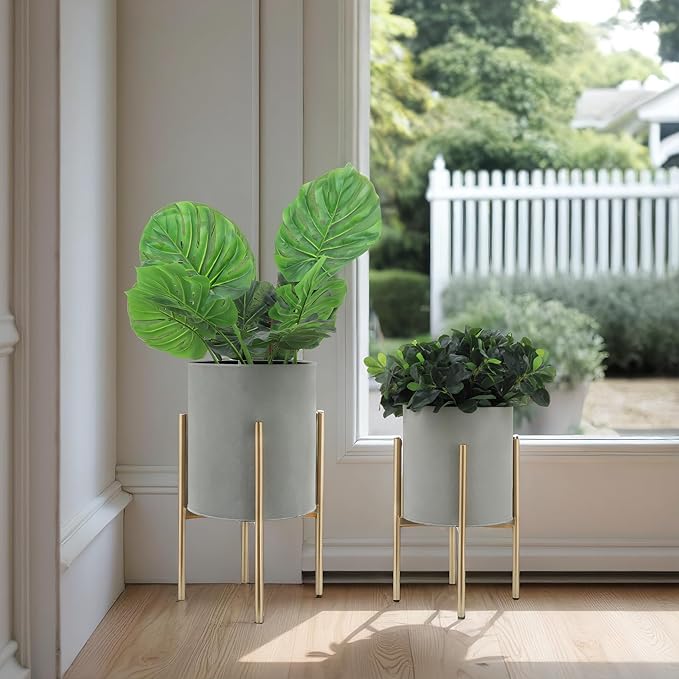 Sagebrook Home Set of 2 Modern Iron Planters with Stands, Gray and Gold, 23" & 19"