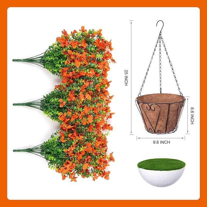 Artificial Fake Fall Hanging Flowers Plants with Basket for Outdoor Decor, Fake Mums Autumn Plants No Fade Plastic Faux Silk Daisy Flowers Fall Decoration for Farmhouse Home Garden Porch Patio(Orange)