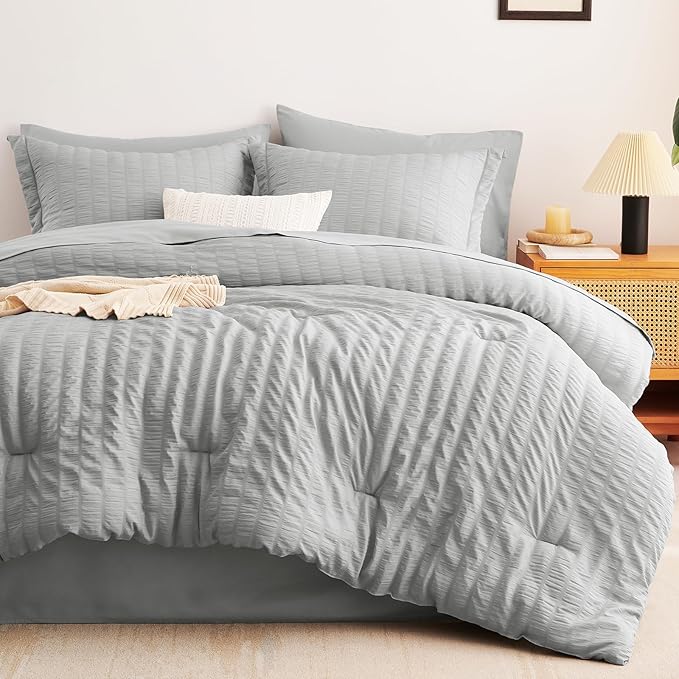 CozyLux Full Bed in a Bag Light Grey Seersucker Textured Comforter Set with Sheets 7-Pieces All Season Bedding Sets with Comforter, Pillow Sham, Flat Sheet, Fitted Sheet and Pillowcase