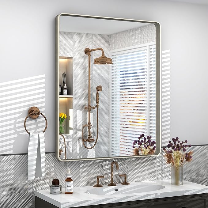 24x32 Inch Brushed Nickel Bathroom Mirror, Brushed Silver Metal Framed Wall Mirror, Rounded Corner Rectangle Modern Vanity Mirror, Tempered Glass, Anti-Rust, Shatterproof (Horizontal/Vertical)
