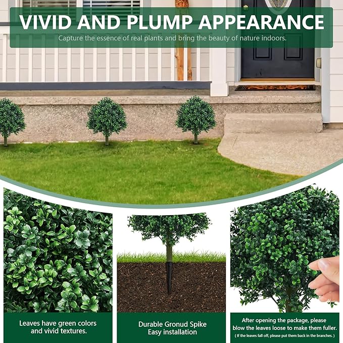 Set of 2 Fake bushes Artificial Shrubs for Outdoors Boxwood Balls Topiary Trees UV Resistant - 23.6'' Faux Plants with Ground Spikes for Spring Front Porch Decor, Fake Evergreen Tree for Garden