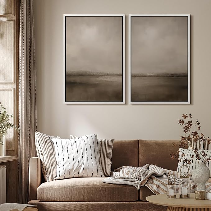 MUDECOR Framed Canvas Print Wall Art Abstract Brown and Taupe Modern Minimalist Misty Landscape Illustrations Modern Art Decorative Bohemian for Living Room, Bedroom, Office - 16"x24"x2 White