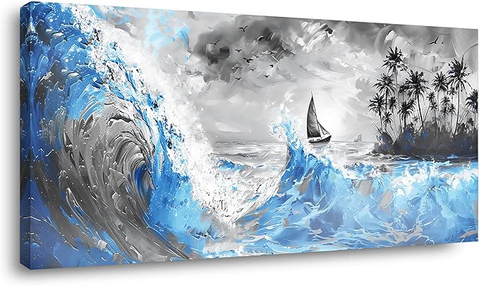 Blue Waves and Sailboat On Black and White Background Wall Art Decor Artwork for Living Room (30x60 Inches)