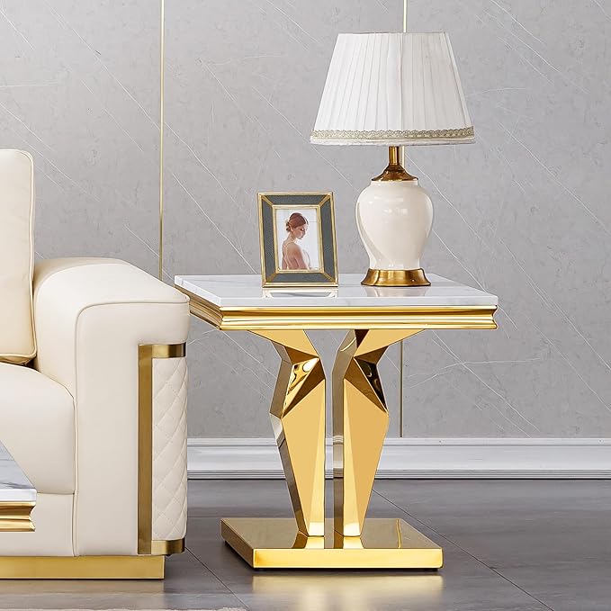 SSLine Modern White Faux Marble End Table Luxury Square Sofa Side Table with Gold Pedestal Base Mid-Century Elegant Bedside Table w/Mirrored Stainless Steel Frame for Living Room Bedroom