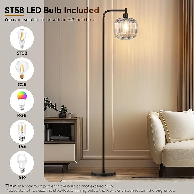 QiMH Glass Floor Lamp for Living Room, Modern Standing Lamp with Ribbed Grey Glass Lampshade Pedal Switch, 67” Tall Lamp for Bedroom Study Room, Black (2700K LED Bulb Included)