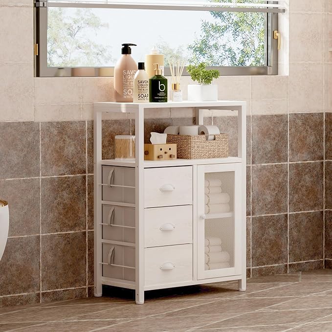 Homeiju Bathroom Floor Storage Cabinet Organizer with 3 Removable Drawers and 1 Door, Industrial Floor Storage Cabinet for Kitchen, Living Room, Bathroom, Home Office