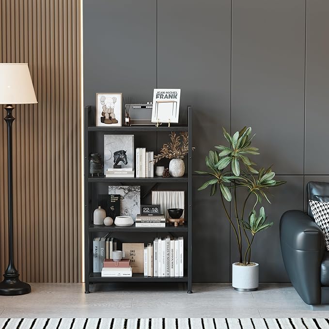 VERMESS Book Shelf Black, 4-Tier 24 inch Bookshelf Shelving Unit, Wood Bookcase with Open Shelves, Industrial Standing Storage Bookshelves Metal Display Rack for Living Room, Bedroom, Home, Office