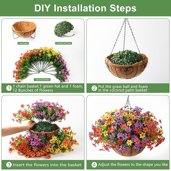 INQCMY Artificial Fake Hanging Plants Flowers Basket for Summer Outdoor Decoration, Faux Silk UV Resistant Colorful Daisy Eucalyptus for Outside Garden Porch Home Patio Balcony Yard