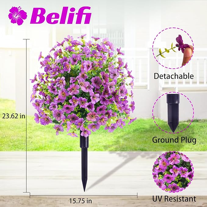 Faux Flowers for Outdoor Planters, 2Pcs Purple Lifelike Topiary Ball Tree with Ground Spike, Daisy Eucalyptus Artificial Flowers for Front Porch Decor
