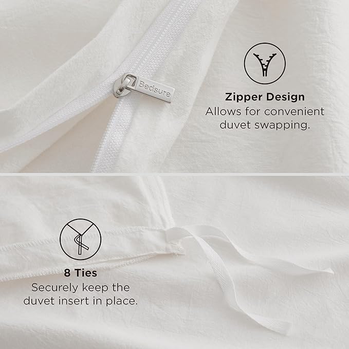 Bedsure 100% Washed Cotton Duvet Cover Cal King - Natural White Minimalist Cotton Duvet Cover Linen Like for All Seasons - GentleSoft™ Plain Simple Bedding, 3 Pieces (White, California King, 104"x98")
