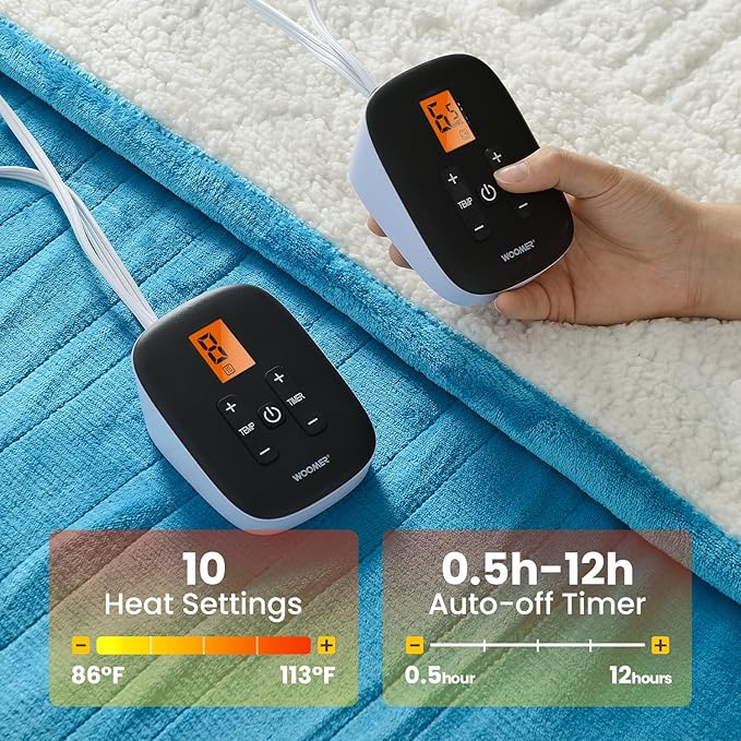 WOOMER Electric Heated Blanket King Size, Soft Flannel Fast Heating Blanket, Teal Color, 90"x 100", 10 Heating Levels & 0.5-12H Auto Off, Over-Heat Protection