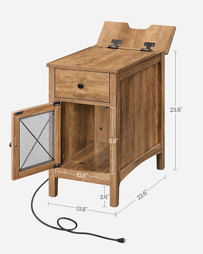 VASAGLE Side Table with Storage, End Table with USB Ports and Outlets, Nightstand with Charging Station, Drawer, Storage Cabinet, Magazine Rack, for Living Room, Bedroom, Rustic Walnut ULET312T41