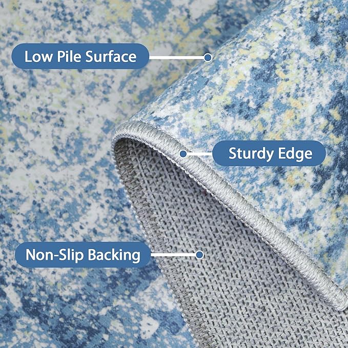 GENIMO Washable Area Rugs for Living Room Bedroom, 8X10 Modern Abstract Non Slip Rug, Low Pile Soft Contemporary Indoor Floor Carpet Cover for Dinning Room Kitchen, Denim Blue