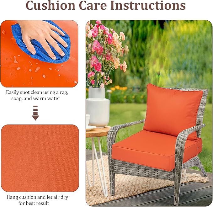 Outdoor Deep Seat Cushions for Patio Furniture Set of 2, Waterproof Outdoor Chair Cushions 24 x 24 x 4'' Patio Furniture Cushion with Fade Resistant Removable Cover, Handle&Straps, Orange