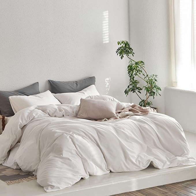 MooMee Full Duvet Cover Set, 100% Washed Cotton Linen Like Twill Thick Sturdy Material Super Soft Breathable Durable Bedding for All Season, 3 Pieces (Off White, Full 80"x90")