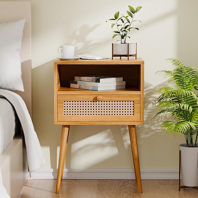 Nightstand Bedside Table Small Nightstand with Drawers Rattan Side Table End Tables Bedroom Wood Mid Century Modern Nightstands