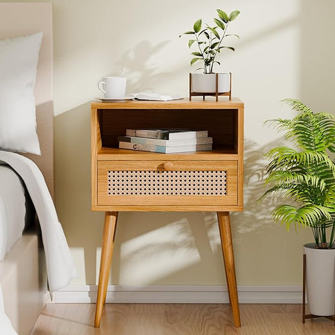 Nightstand Bedside Table Small Nightstand with Drawers Rattan Side Table End Tables Bedroom Wood Mid Century Modern Nightstands