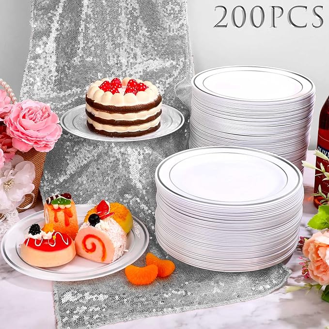 200 Pieces Disposable Plates Plastic Party Plates with Rim Hard Plastic Appetizer Salad Dessert 7.5 Inch Elegant Heavy Duty Tableware for Dinner Wedding Party Supplies(Silver Rim)