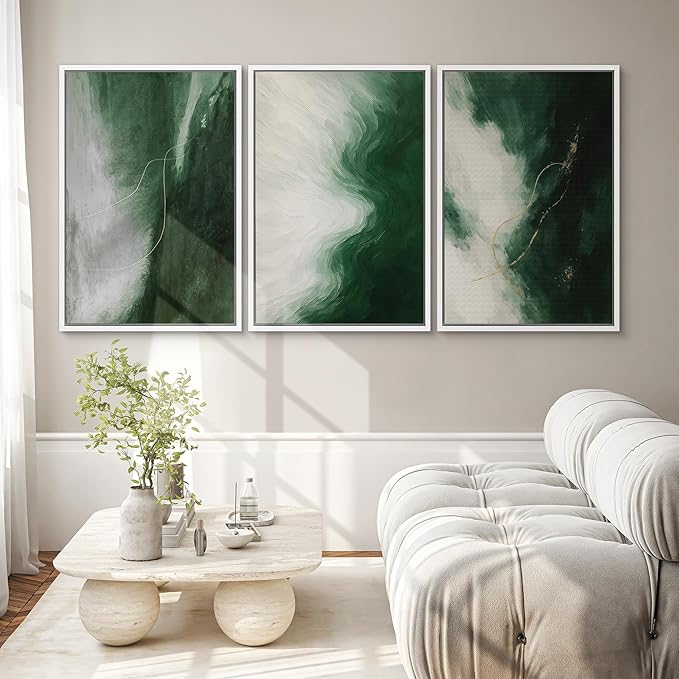 SIGNWIN Framed Canvas Print Wall Art Set Green Abstract Modern Contemporary in Emerald and White Illustrations Modern Art Decorative Rustic Calm/Zen for Living Room, Bedroom, Office - 24"x36"x3 WHITE