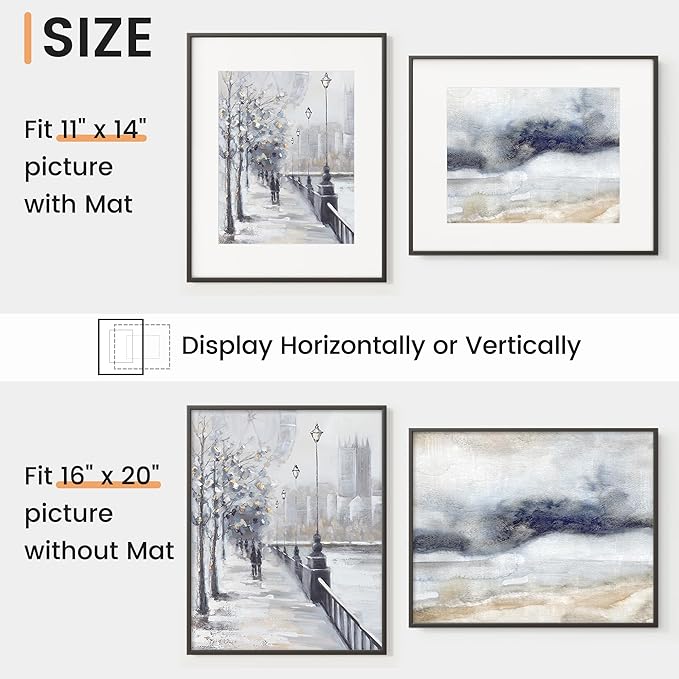16x20 inch Metal Picture Frame - 16 x 20 Thin Aluminum Photo Frames with 11x14 Removable Mat - High Definition Plexiglass - Vertical and Horizontal Display - Wall Hook Hanging Hardware Included - Black, Set of 1