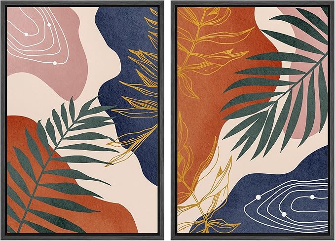 SIGNFORD Framed Canvas Print Wall Art Set Retro Mid-Century Geometric Forest Plants Abstract Shapes Illustrations Modern Art Decorative Bohemian for Living Room, Bedroom, Office - 24"x36"x2 Black