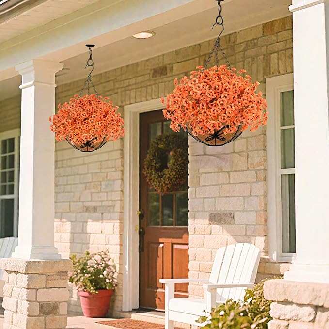 Agusbagli Artificial Hanging Fall Flowers with Baskets for Outdoors Fake Hanging Autumn Plants UV Resistant Faux Orange Flowers in Basket Decor for Porch Patio Garden Yard Window Home Fall Decor