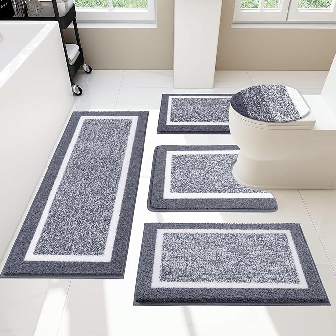 Pauwer Bathroom Rugs Set 5 Piece, Plush Absorbent Microfiber Bath Mats for Bathroom, Non Slip Washable Bath Rug Set with U Shaped Contour Toilet Rugs, Shower Rug and Toilet Lid Cover, Dark Grey