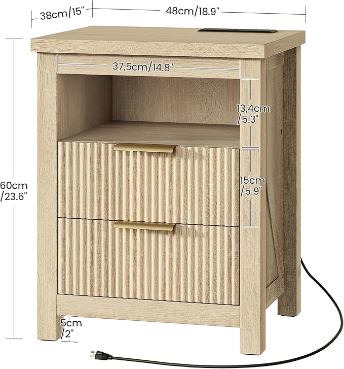 Fluted Nightstand, End Table with Charging Station and 2 Drawers, Farmhouse Nightstands with Fluted Panel, Engineered Wood Side Table for Bedroom Sunwashed Ash Oak MBZ06USO