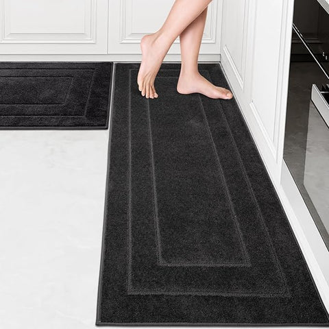 PURRUGS Machine Washable Kitchen Rug Set [2 PCS] (24" x 35.5"+ 24" x 59"), Non-Slip/Skid Kitchen Runner Rugs & Floor Mats, Super Absorbent Soft Standing Mats for Kitchen, Laundry & Sink, Charcoal