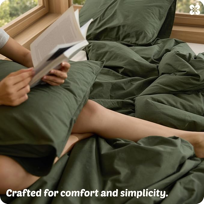 Bedsure Cotton Duvet Cover Queen - Luxury Slub Weave 100% Cotton Duvet Cover Set with a Linen Like Textured, Easy Change Durable Bedding Set 3 Pieces, Olive Green, 90" x 90"