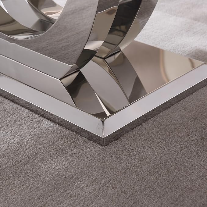 SSLine Rectangular Faux Marble Coffee Table for Living Room Modern Luxury White Marble Center Table with Silver Dual U-Shape Base 46.8" Mid-Century Cocktail Table with Mirrored Stainless Steel Frame