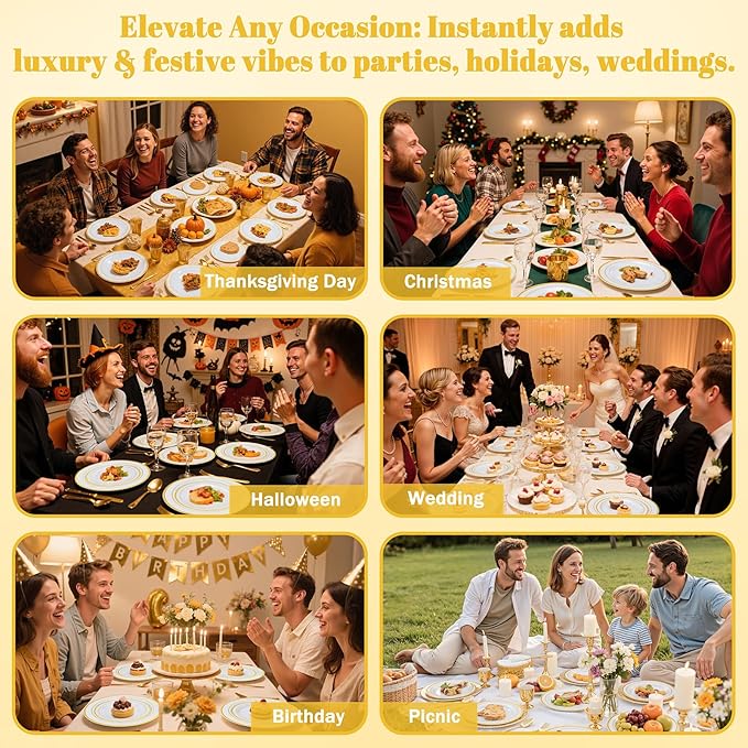 WELLIFE 350-Piece Gold Disposable Plates and Cutlery Set - Premium 10.25" Dinner Plates, 7.5" Dessert Plates, 9oz Cups & Cutlery for Weddings, Catering Events - 50 Guest Service - Elegant & Sturdy