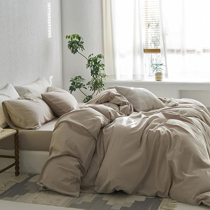 MooMee Duvet Cover Set, 100% Washed Cotton Linen Like Twill Thick Sturdy Material Super Soft Breathable Durable Bedding for All Season, 3 Pieces (Tannish Linen LikeGrey, Super King 108"x98")