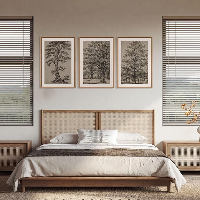 HOURIA Vintage Tree Sketch Framed Canvas Wall Art Set,Retro Neutral Botanical Wall Decor,Mid Century Woodland Drawings Artwork,Nature Antique Forest Art Print for Living Room,Bedroom,Office- 16"x24"x3