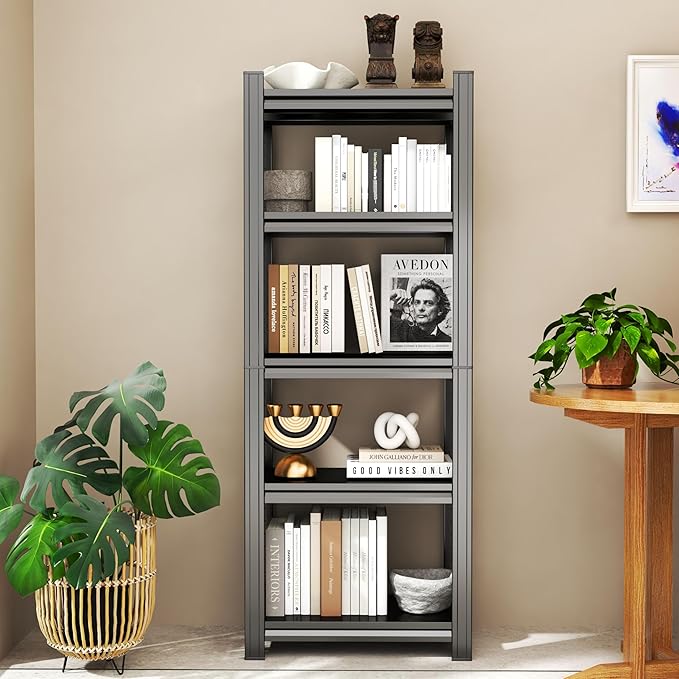 Tall Bookshelf with Open Shelves, Metal Office Book Shelf, Adjustable Organizer Bookcase, Standing Storage Organizer Shelf for Living Room (24" W*14" D*63" H)