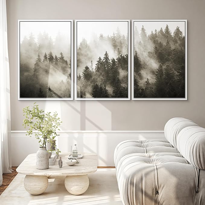 SIGNWIN Framed Canvas Print Wall Art Woodland Nursery Decor Set Duotone Blue Misty Pine Tree Forest Nature Modern Art Rustic Landscape Colorful for Living Room, Bedroom, Office - 24"x36"x3 White