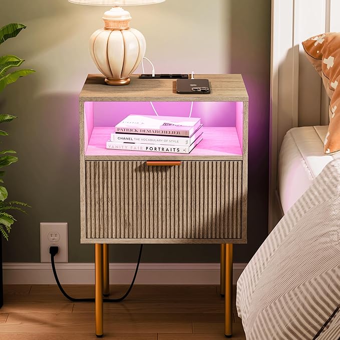 Modern Nightstand with Charging Station and LED Lights, White Bedside Table with Drawer, Fluted Side Table for Living Room, Bedroom